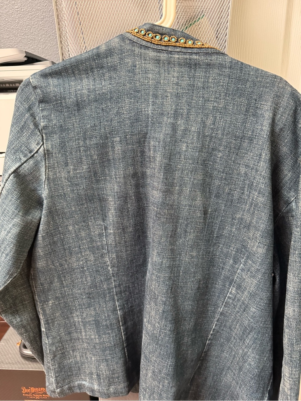 Chico's Blue Denim Jacket with Turquoise Embellishment - Picture 6 of 7